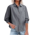 thumbnail image 1 of Fashion Olyvenn Womens Smocked Cuffed Striped Boyfriend Shirt Flap Pocket Cotton-Blend Casual Button Down Collared Blouse Black XL, 1 of 5