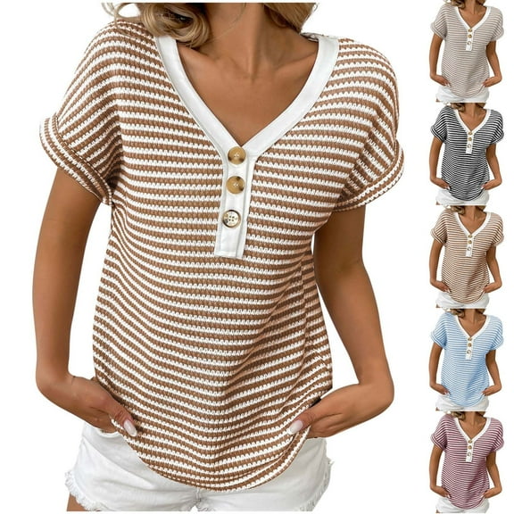 Fashion Olyvenn Womens Summer Tops Striped Dressy Casual Short Sleeve V Neck Loose Basic Button T-Shirts Tee Blouses Beige L