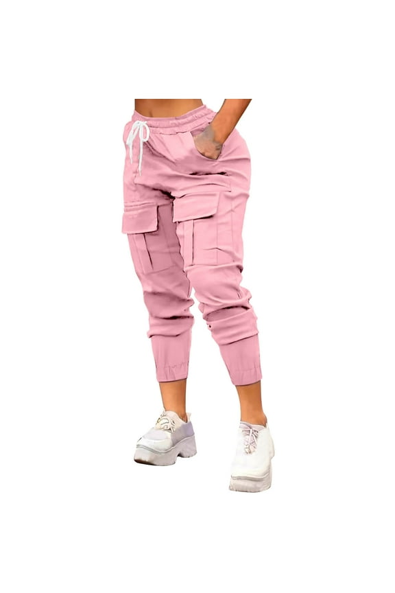 Fashion Olyvenn Womens Cargo Pants Drawstring High Waisted Jogger Track Pant Skinny Tapered Casual Pants Workout Trousers with Pockets Pink S