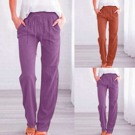 Fashion Olyvenn Womens Casual Cotton Linen Pants Lightweight Summer Relax Fit Elastic Waist Plus Size Solid Lounge Long Trousers Orange XXL