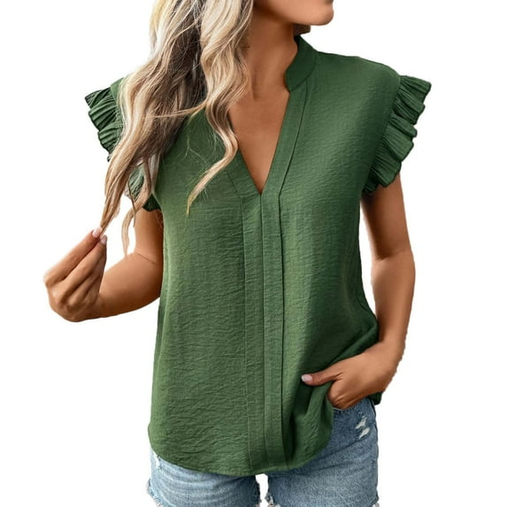 Fashion Olyvenn Womens Dressy Casual Tops Ruffle Short Sleeve Solid Color Tee Shirt Dressy V Neck Elegant Bussiness Work Tunic Top Green XL