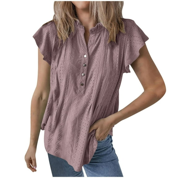 Fashion Olyvenn Womens Eyelet Tops Dressy Casual Ruffle Cap Sleeve Button V Neck Blouses Business Work Shirts Tee Summer Outfits Watermelon Red S