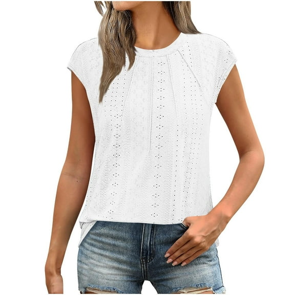 Fashion Olyvenn Womens Eyelet Tops Short Sleeve Shirts Blouses for Women Dressy Casual Cap Sleeve Tops with Curved Hem White S