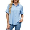 thumbnail image 1 of Savings Olyvenn Womens Imitation Denim Button Down Shirts Summer Casual Comfy Short Sleeve Tunic Tops 2025 Trendy Blouses with Pockets Light Blue S, 1 of 6