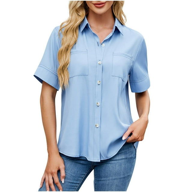 Savings Olyvenn Womens Imitation Denim Button Down Shirts Summer Casual Comfy Short Sleeve Tunic Tops 2025 Trendy Blouses with Pockets Light Blue S