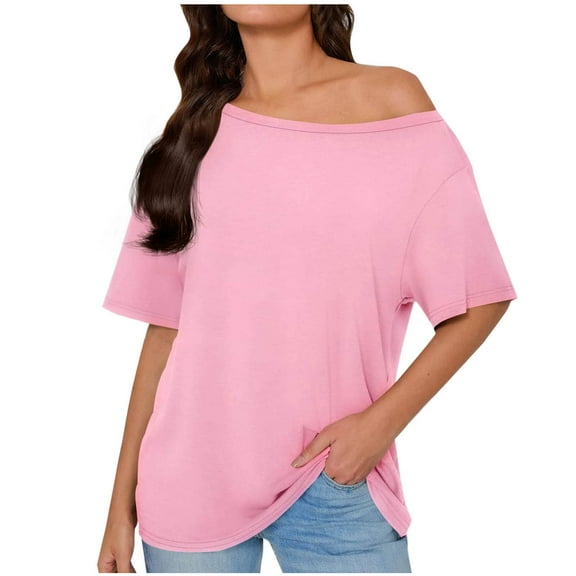 Fashion Olyvenn Womens Off One Shoulder Tops Summer Short Sleeve Casual Loose Fit Shirts Fashion Blouse Tee Trendy Going Out Tops Pink S