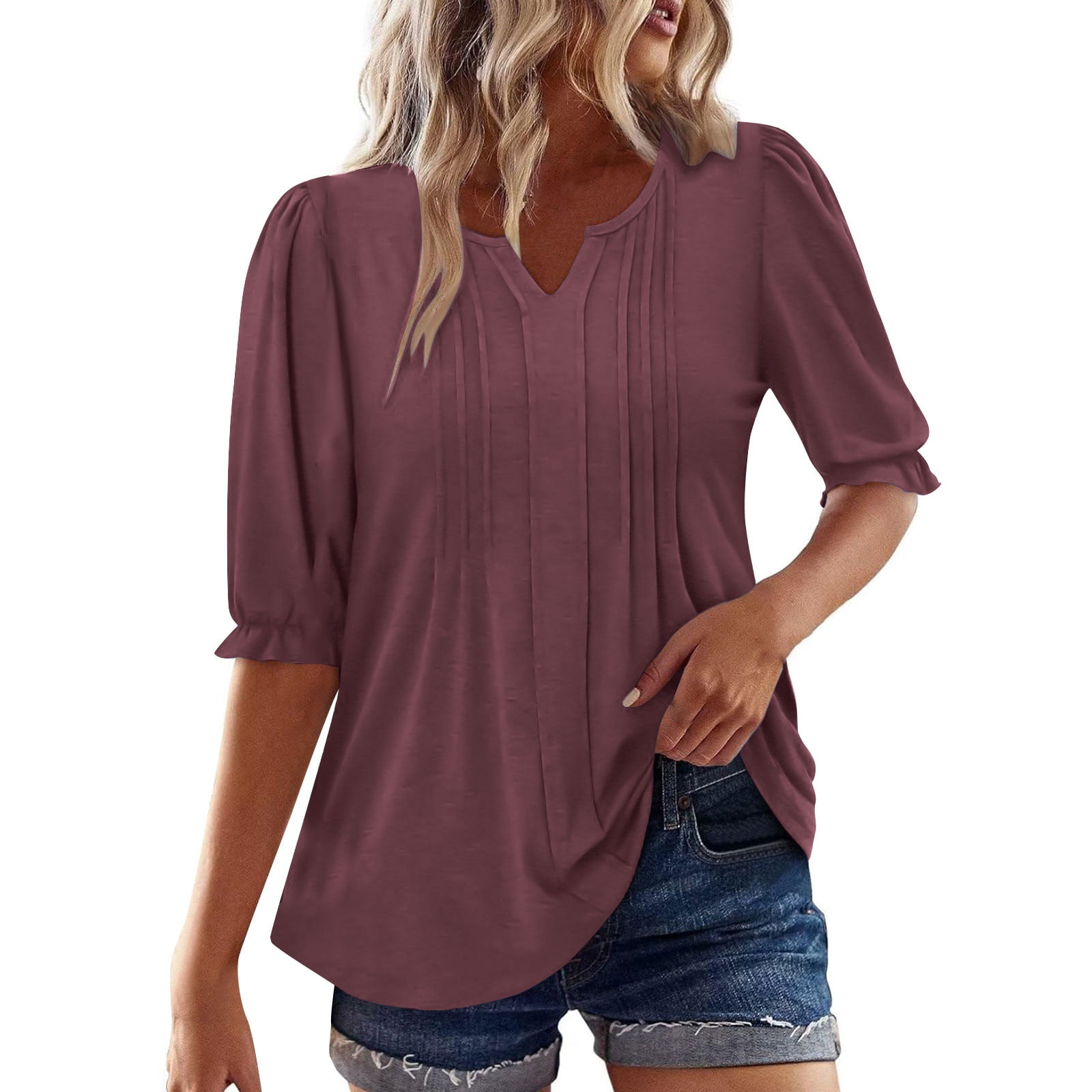 sachet pink solid color floral patched half sleeve tunic top main image 1