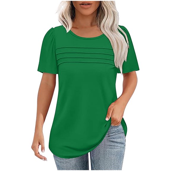 Fashion Olyvenn Womens T Shirts Short Sleeve Tops Dressy Casual Blouses Spring Summer Outfits Solid Pleated Front Scooped Neck Green 20-22