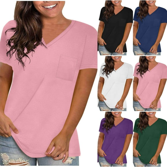 Fashion Olyvenn Womens T Shirts Short Sleeve V Neck Loose Casual Summer Tees Solid Color Basic Tunic Tops with Pocket Army Green L