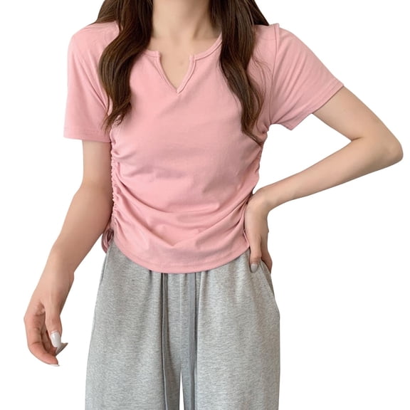 Fashion Olyvenn Womens Tops Short Sleeve T Shirts for Women Spring Summer Fashion Clothes Casual Notch V Neck Blouses Pink XXL