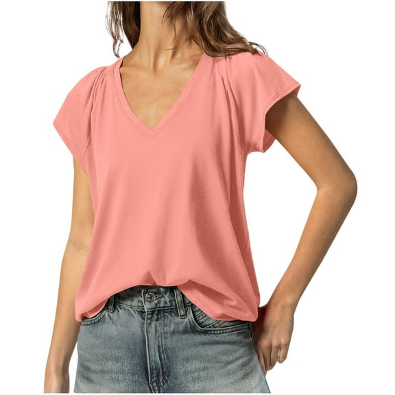 Fashion Olyvenn Womens Tops Summer V Neck T Shirts Cap Sleeve Casual Tops Trendy Beach Vacation Clothes Basics Tees Orange S