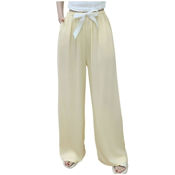 Fashion Olyvenn Womens Wide Leg Pants Solid Drawstring Elastic Waist Pant Summer Vacation Office Relax Trousers with Pockets Beige Free Size