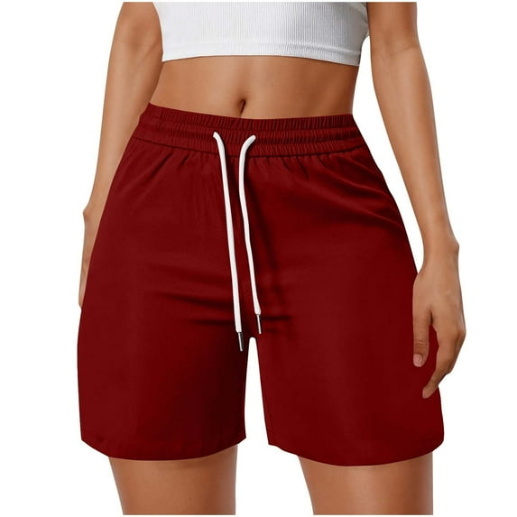 Fashion Olyvenn Womens Workout Shorts Summer Casual Loose Fit Running Short Solid High Waisted Drawstring Gym Shorts with Pockets Wine S