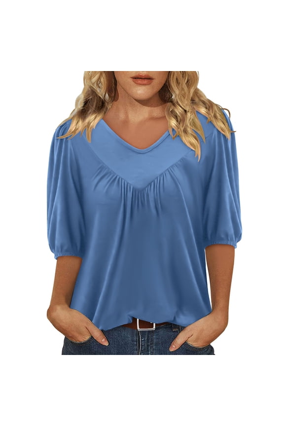 Fashion Olyvenn Workout Dressy T Shirt for Women Puff Half Sleeve Loose Tunic Tops Pleated Front Trendy Solid Color Blouses Top Light Blue XL