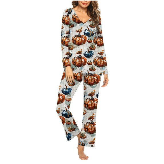 Savings Pajamas for Women 2 Piece Pant Sets Halloween Pumpkin Print Long Sleeve V Neck Top and Bottoms Pjs Outfits (M, Multicolor)