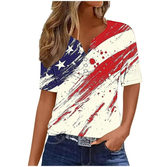 Plus Size Patriotic T-Shirts Vintage Usa Flag Star Tunic Tops Scooped Neck T Shirt 3/4 Sleeve Tees Independence Day Tee Shirts Pullover Sweater Blouses Holiday Summer Vacation Clothes