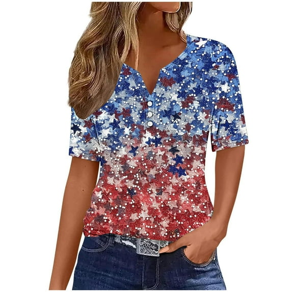 Plus Size Patriotic T-Shirts Vintage Usa Flag Star Tunic Tops Scooped Neck T Shirt 3/4 Sleeve Tees Independence Day Tee Shirts Pullover Sweater Blouses Holiday Summer Vacation Clothes