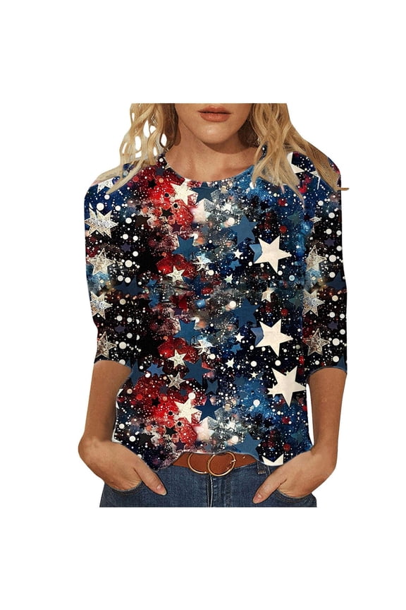 Plus Size Patriotic T-Shirts Vintage Usa Flag Star Tunic Tops Scooped Neck T Shirt 3/4 Sleeve Tees Independence Day Tee Shirts Pullover Sweater Blouses Holiday Summer Vacation Clothes