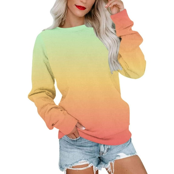 Pullover for Women Color Gradient Long Sleeve Crewneck Loose Sweatshirt Laides Fashion Jogger Workout Tops (S, Yellow)