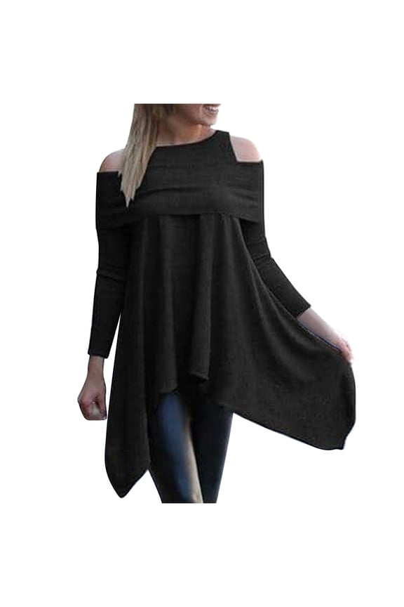 Ribbed Knit Long Sleeve Round Neck Sweater Cold Shoulder Flowy Asymmetric Hem Tunic Shirts Pullovers Black,2XL