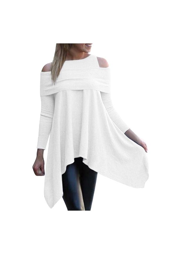 Ribbed Knit Long Sleeve Round Neck Sweater Cold Shoulder Flowy Asymmetric Hem Tunic Shirts Pullovers White,2XL
