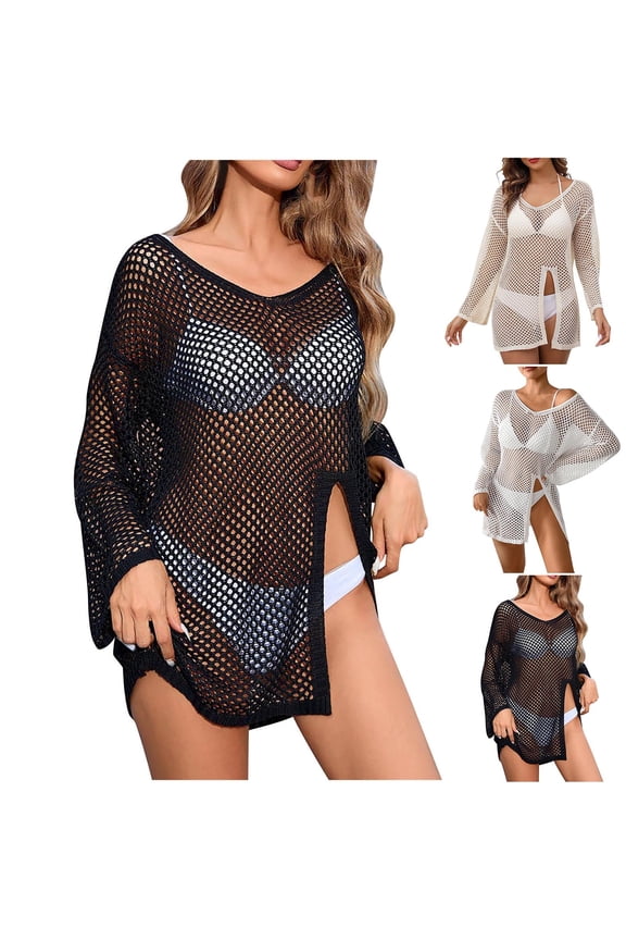 Trendy SMihono Crochet Swim Coverup for Women, Long Sleeve Bikini Cover ups Swimsuit Beach Hollow Out Mesh Knit Bathing Suit Swimwear Beige Free Size