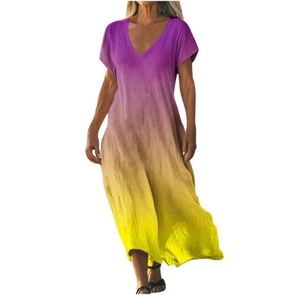 SMihono Flowy Vacation Dress for Women Summer 2025 Trendy Gradient V Neck Casual Short Sleeve A-Line Beach Maxi Dresses Yellow S