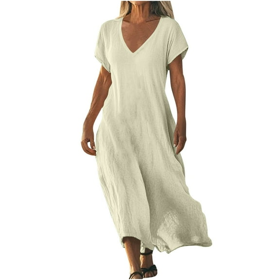 Stylish SMihono Linen Casual Dresses for Women Flowy V Neck Short Sleeve 2025 Maxi Dress Lightweight Summer Beach Vacation Clothes White L