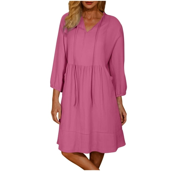 Trendy SMihono Linen Dresses for Women 2025 Casual Summer Cotton Linen Dress Tunic Flowy Mini Sundress 3/4 Sleeve Beach Outfits Hot Pink S