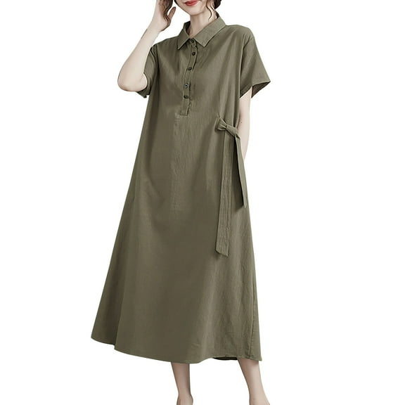 Trendy SMihono Plus Size Dresses for Curvy Women Loose Lapel Neck Short Sleeve Button Up Dress Tie Front Cotton Linen A Line Dress Green M