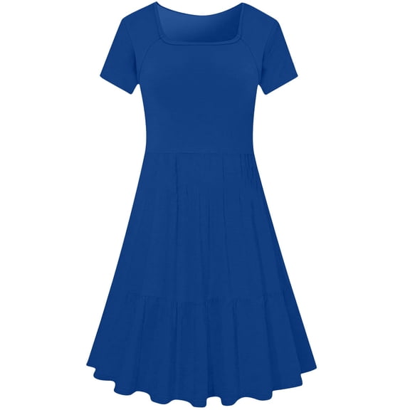 Trendy SMihono Summer Dresses for Women 2025 Square Neck Pleated Midi Dress Plain Short Sleeve Dress Beach Vacation Dresses Blue XXXXL