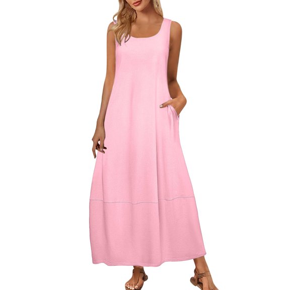 Trendy SMihono Sundresses for Women 2025 Casual Summer Beach Maxi Dress Scoop Neck Sleeveless Flowy Tank Dress Vacation Outfits Pink S
