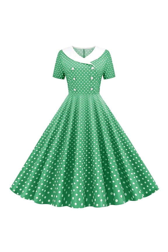 Stylish SMihono Women Double Breasted Notch Lapel 50s Vintage Short Sleeve Cocktail Swing Dress Polka Dot 1950s Rockabilly Prom Midi Dress Green XL