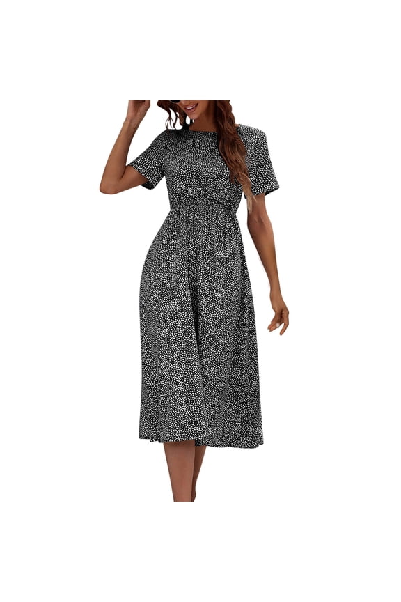 Trendy SMihono Women's 2025 Summer Casual Floral Print Short Flutter Sleeve Crew Neck Smocked High Waist Flowy Maxi Dress Black S