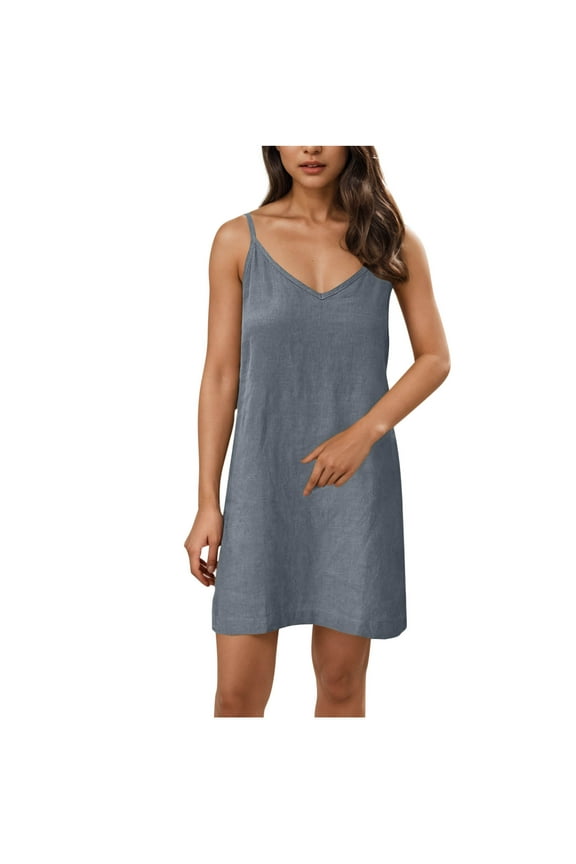 Stylish SMihono Women's Dresses 2025 Summer Spaghetti Straps Sleeveless V Neck Mini Sundresses Lounge Beach Dress for Teen Girls Gray S
