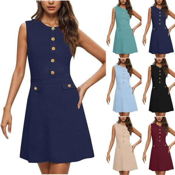 Trendy SMihono Women's Formal Work Mini Dress Casual Summer Crew Neck Sleeveless Elegant Button Bussiness Office Outfits Khaki L