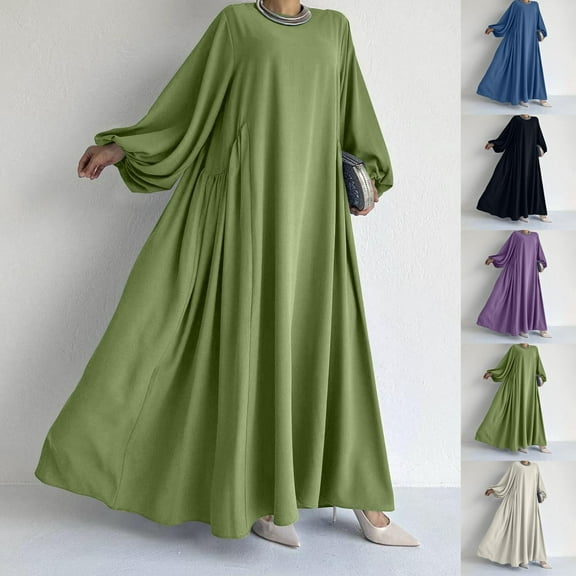 Trendy SMihono Women's Puff Long Sleeve Flowy Maxi Dress, Solid Color Crewneck Ruched Casual Dresses Loose Fit Comfy Trendy Clothes Blue S