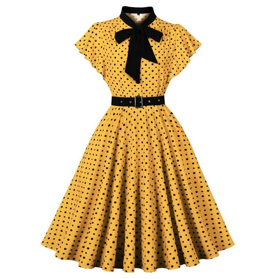 SMihono Women's Ruffle Sleeves Bow Tie Polka Dots Vintage Dress Belted High Waist Pleated Hem Summer Fashion Prom Dress Yellow S