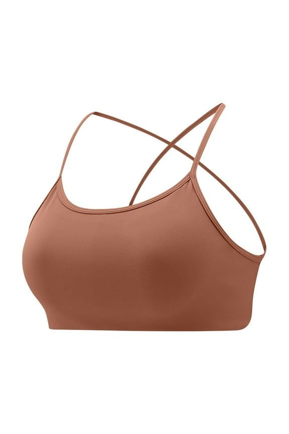 Stylish SMihono Women's Square Neck Sports Bra Spaghetti Strap Padded Cami Yoga Wireless Square Back Workout Bra Crop Top Brown L