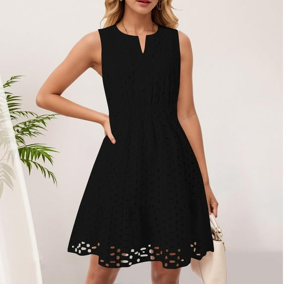 Trendy SMihono Women's Summer Sleeveless Mini Dress V Neck Hollow Out Eyelet High Waist A Line Swing Short Party Dresses Black XL