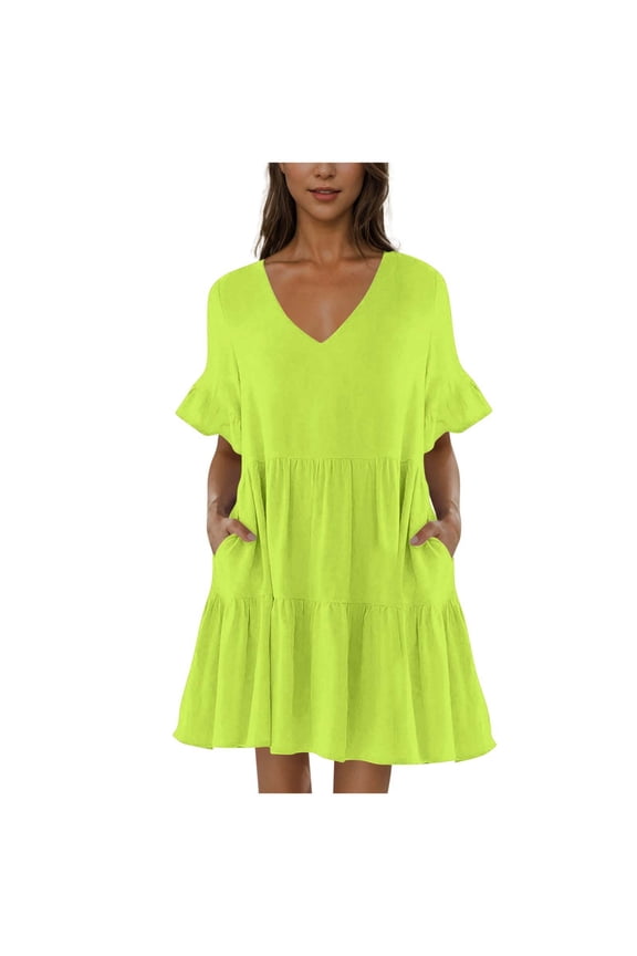 Trendy SMihono Womens Summer Casual Dresses Sweet Cute V Neck Mini Dress with Pockets Ruffle Short Sleeve Tiered Swing Pleated Dress Yellow M
