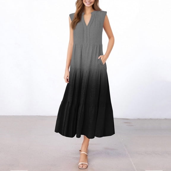 Trendy SMihono Womens Summer Casual Maxi Dress V Neck Ruffle Sleeve Gradient Long Dresses Fashion Flowy Tiered Boho Beach Vacation Sundress Dark Gray XXL