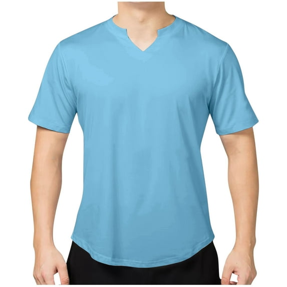 Savings SSAAVKUY Men's Notch T-Shirt, Soft Cotton Short Sleeve Slim Fit Basic Split V Neck T Shirts for Men Fitness Sports Tees Light Blue XXL