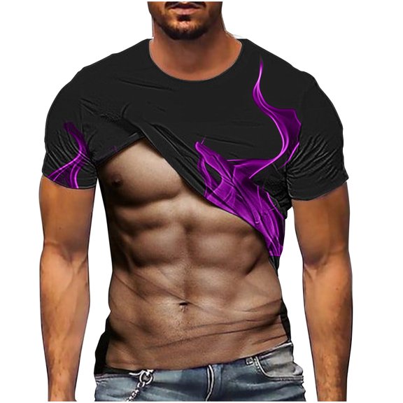 Savings SSAAVKUY Muscle Tee Shirts for Mens Fake Abs T Shirt Funny 3D Flame Graphic Shirts Casual Summer Short Sleeve Tops Crewneck Tshirt Purple 6