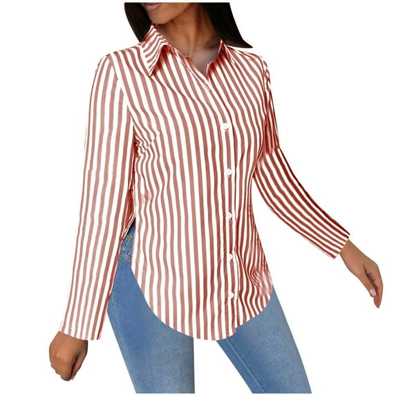 Dress Shirts for Women Trendy Long Sleeve Striped Lapel Collar Button Down Tunic Blouses with Side Split (M, Red)