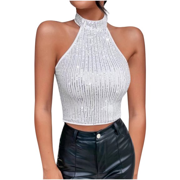 Sequins Tank Tops for Women Sleeveless Halter Neck Slim Fit Vintage Cropped Tops White,S