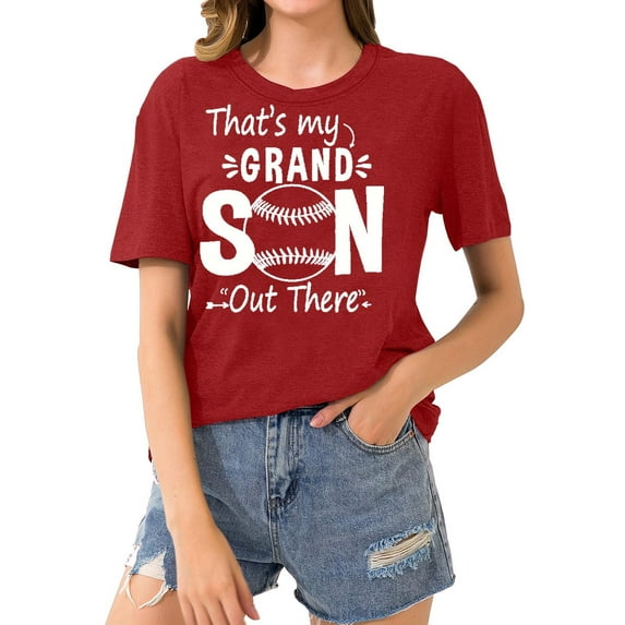 Savings Short Sleeve Crewneck Baseball Print Shirts Women Casual Basic Tees Summer Tunic Going Out Tops (L, Red)