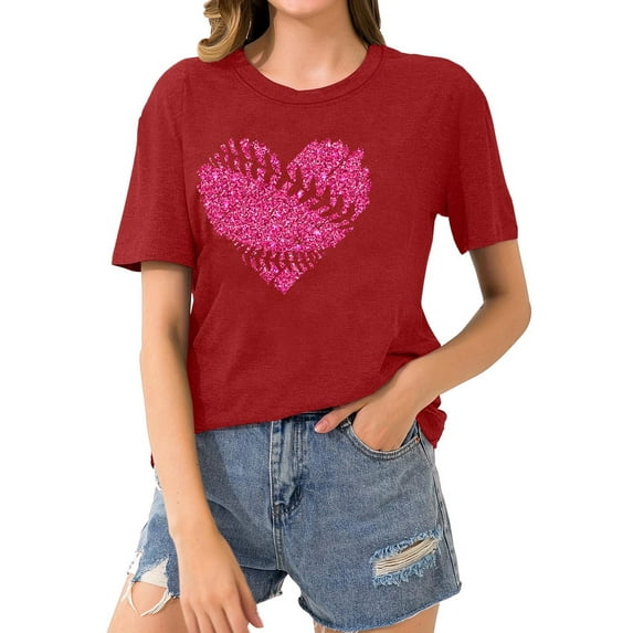 Short Sleeve Crewneck Baseball Print Shirts Women Casual Basic Tees Summer Tunic Going Out Tops (S, Red)