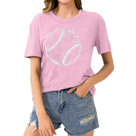 Savings Short Sleeve Crewneck Baseball Print Shirts Women Casual Basic Tees Summer Tunic Going Out Tops (XL, Pink)