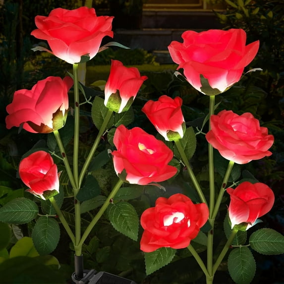 Solar Garden Lights,Solar Outdoor Lights with More Realistic 10 Rose WaterproofSolar Powered Flowers for Outside Patio Yard Pathway Decorations, 2 Pack